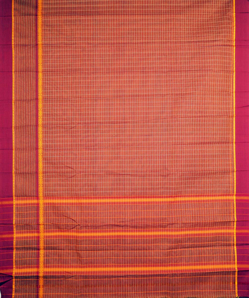 Brown yellow checks cotton handwoven narayanapet saree