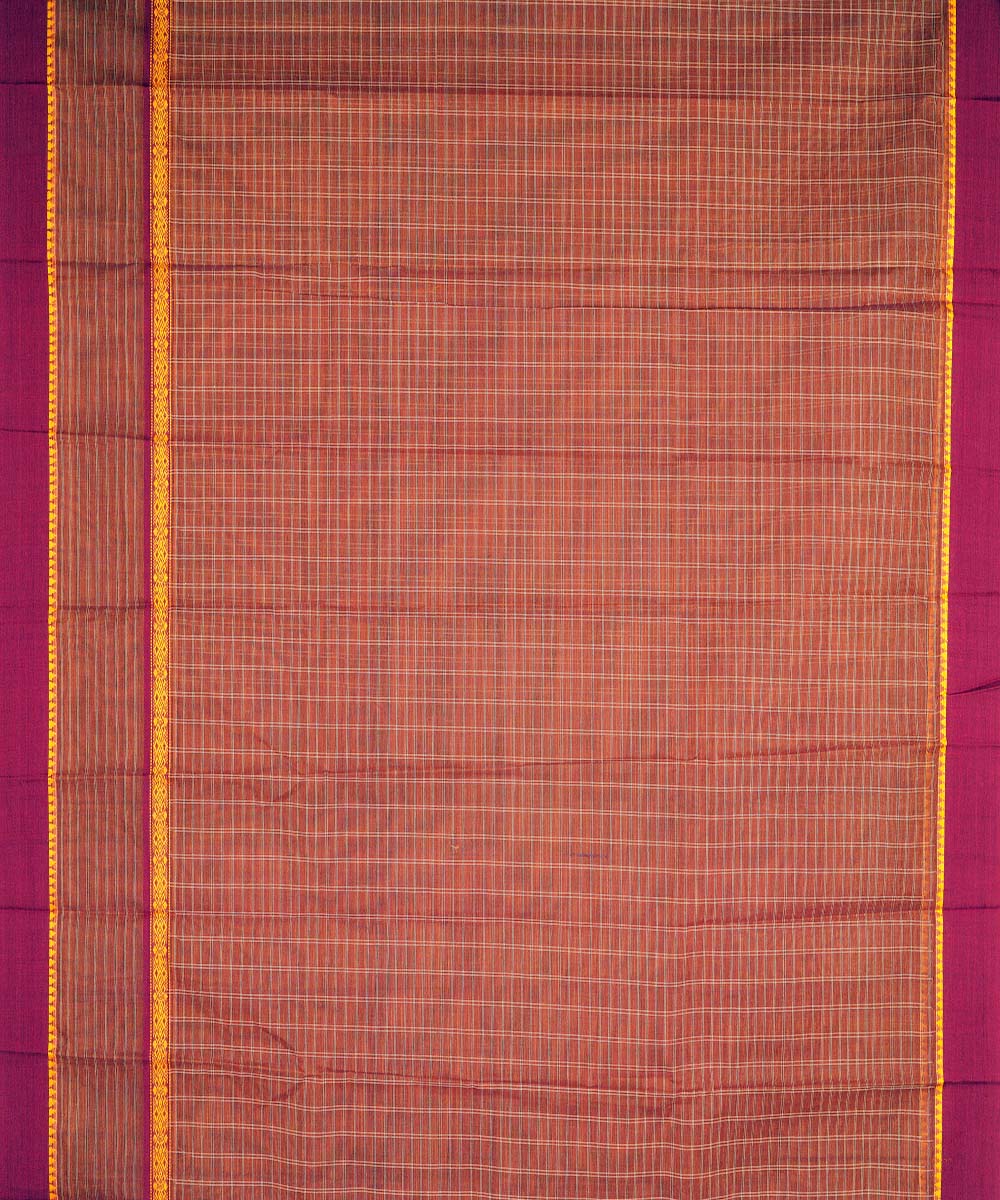 Brown yellow checks cotton handwoven narayanapet saree