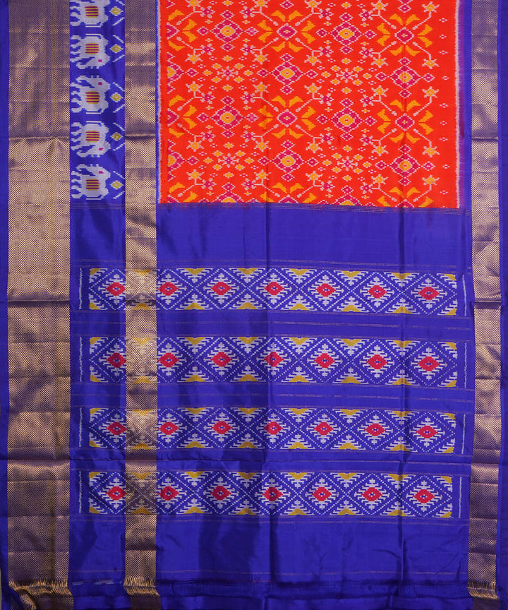 Orange blue silk handwoven pochampally ikat saree