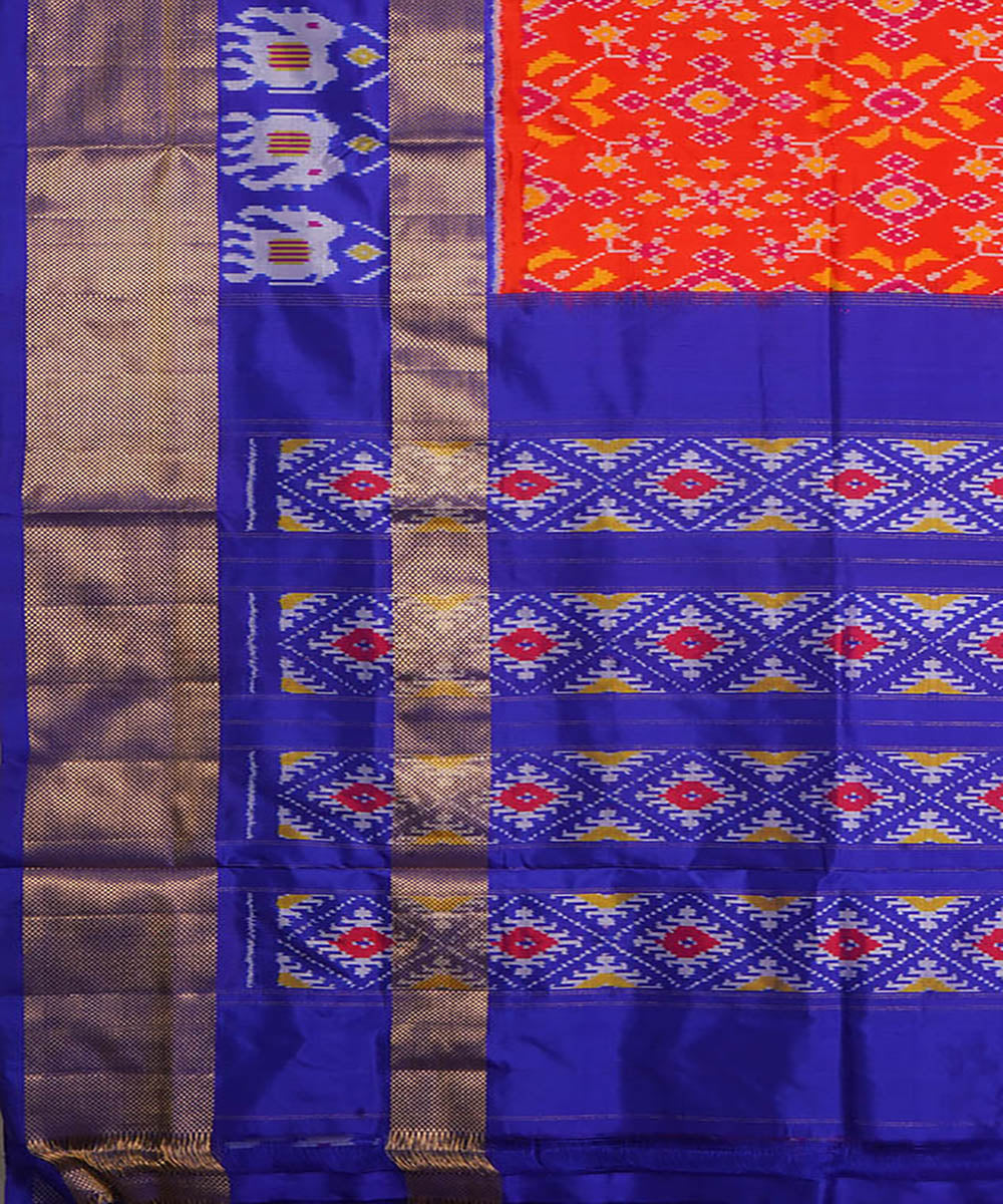 Red blue silk handwoven pochampally ikat saree