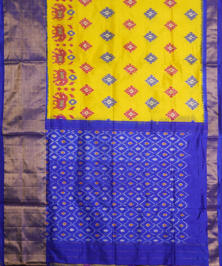 Yellow blue silk handwoven pochampally ikat saree