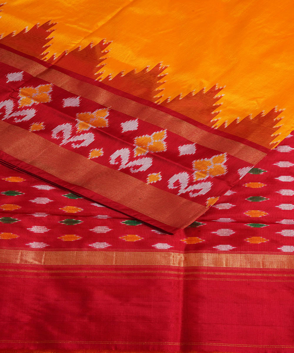 Yellow red silk handwoven pochampally ikat saree