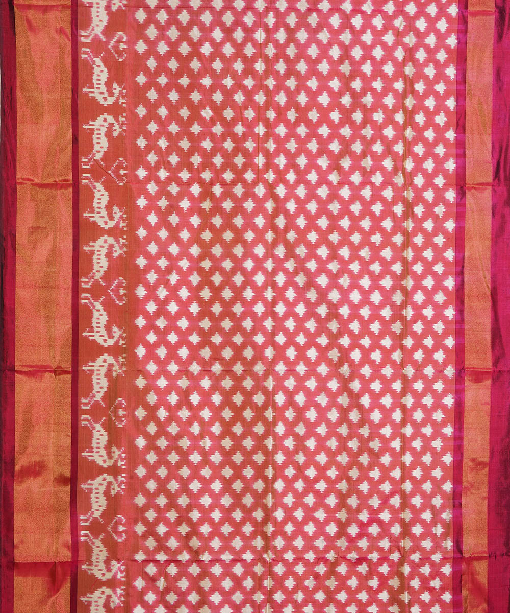 Peach maroon silk handwoven pochampally ikat saree