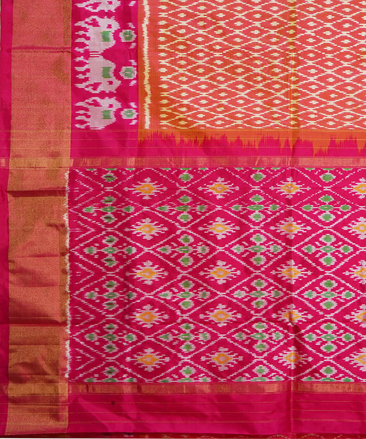 Orange pink silk handwoven pochampally ikat saree