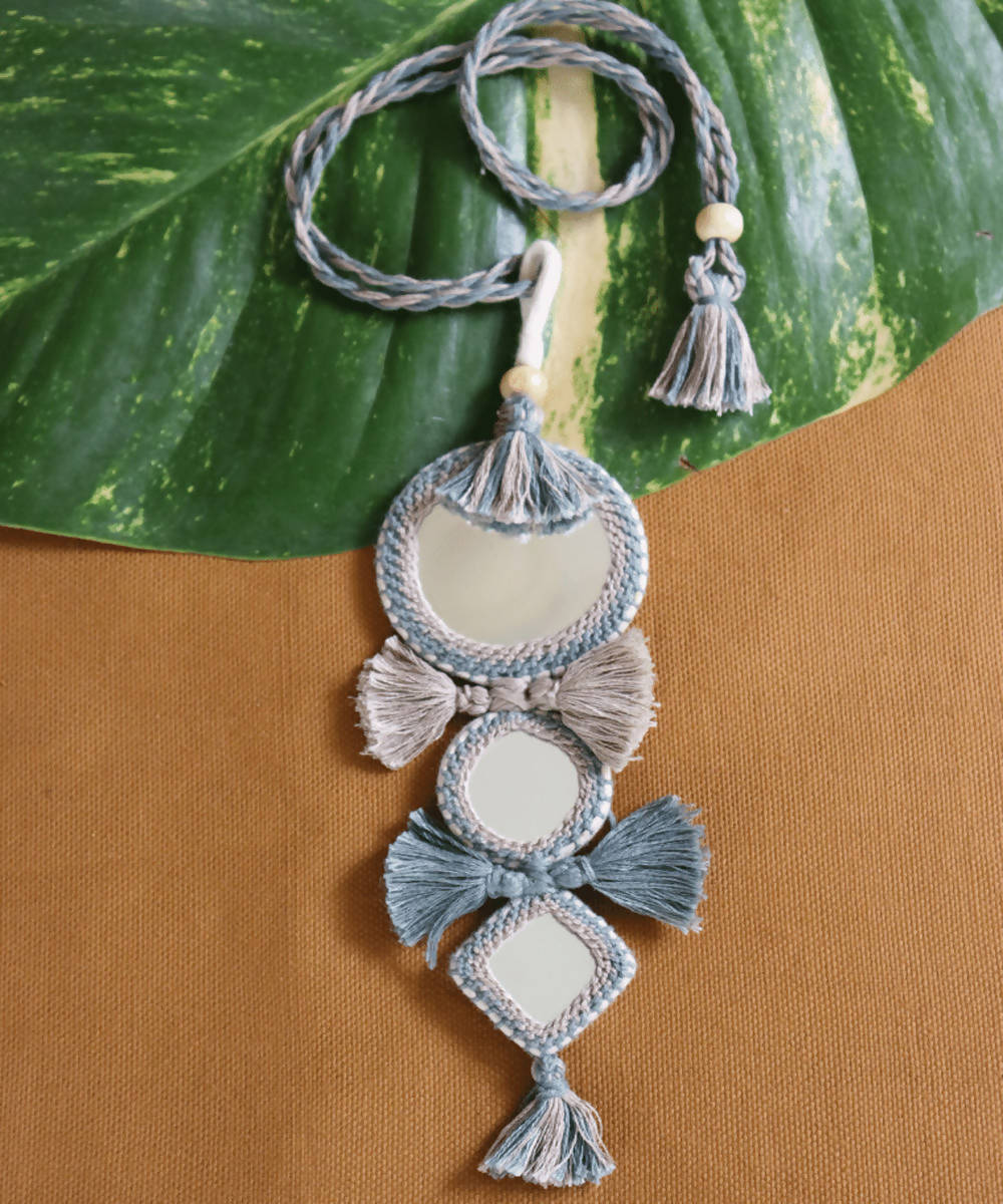 Grey blue handmade cotton and mirror necklace