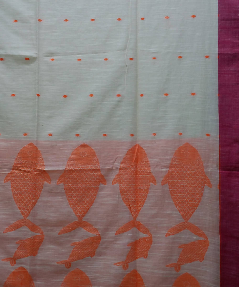 Bengal handspun handwoven cotton white and orange saree