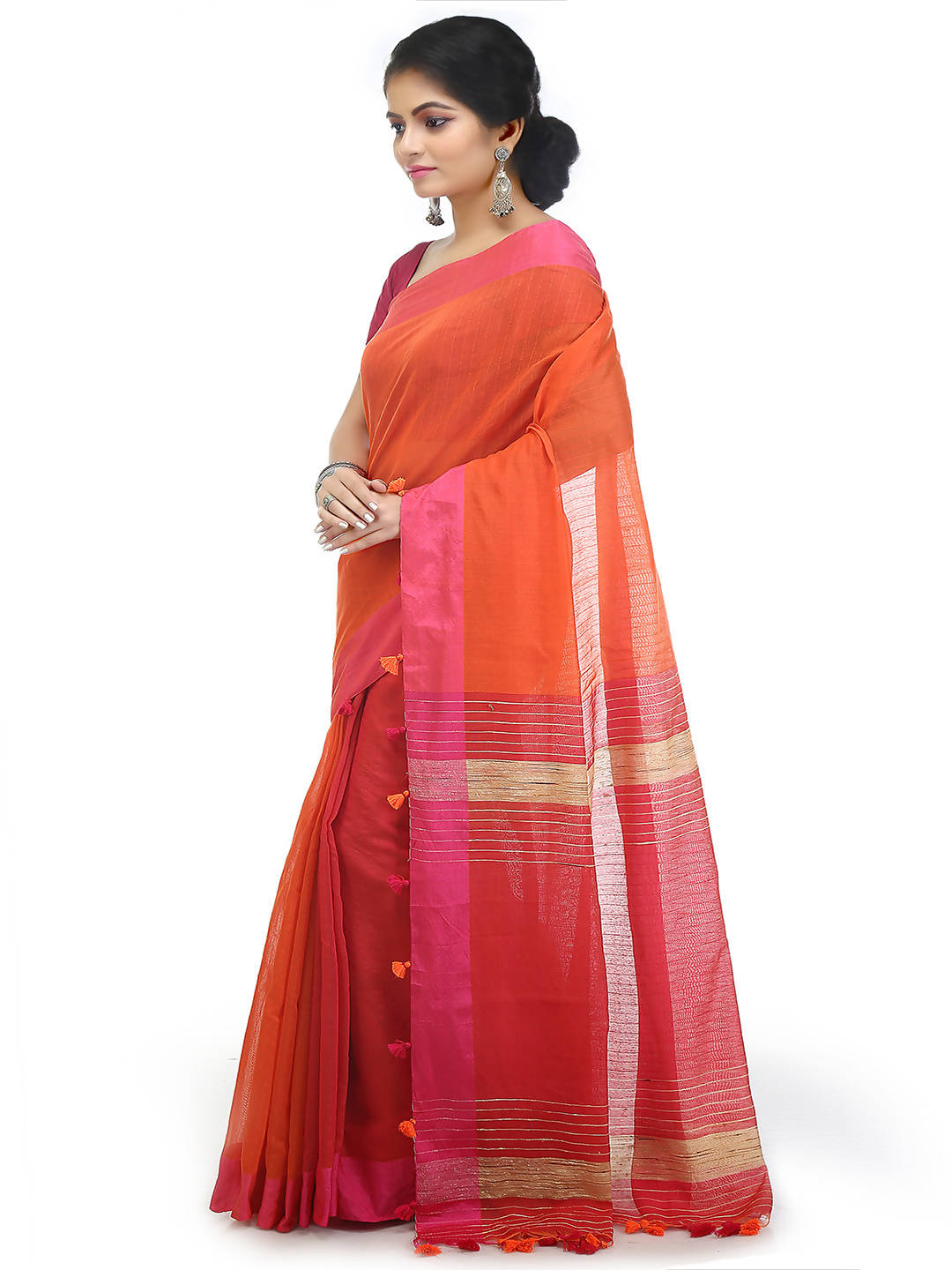 Orange pink bengal handloom cotton blend saree