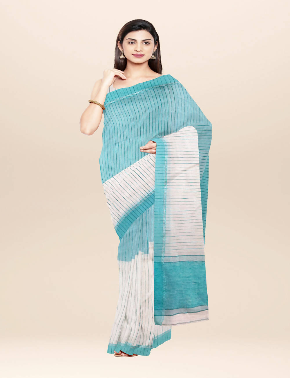 Off white blue handwoven bengal cotton saree