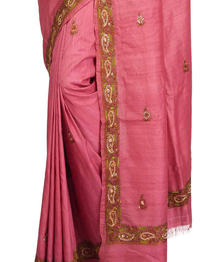Peach pink bengal hand embroidery tussar silk saree