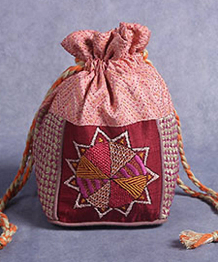 Light pink hand made kantha stitch cotton batua bag