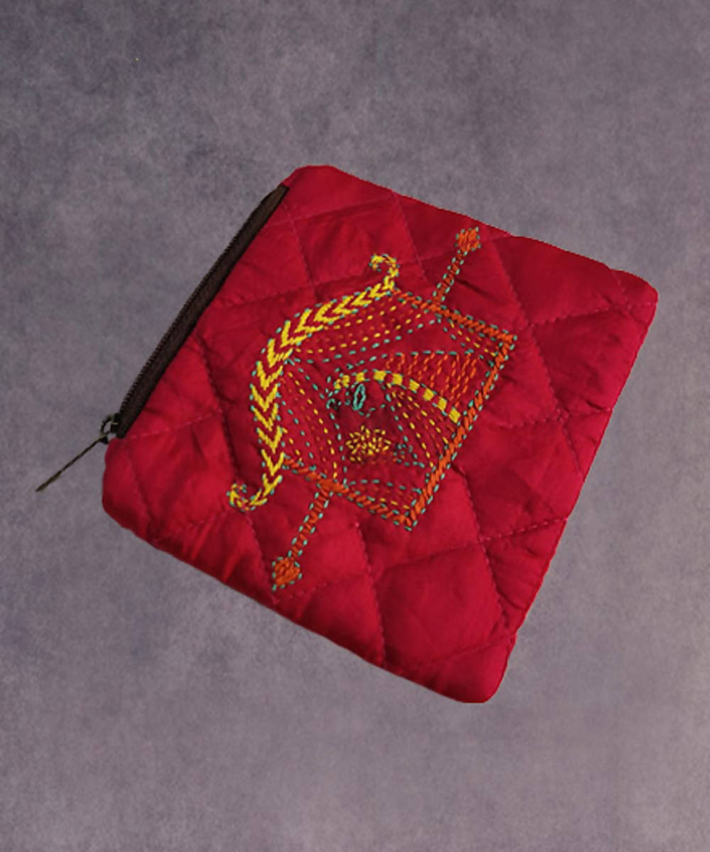 Red hand made kantha stitch silk coin purse