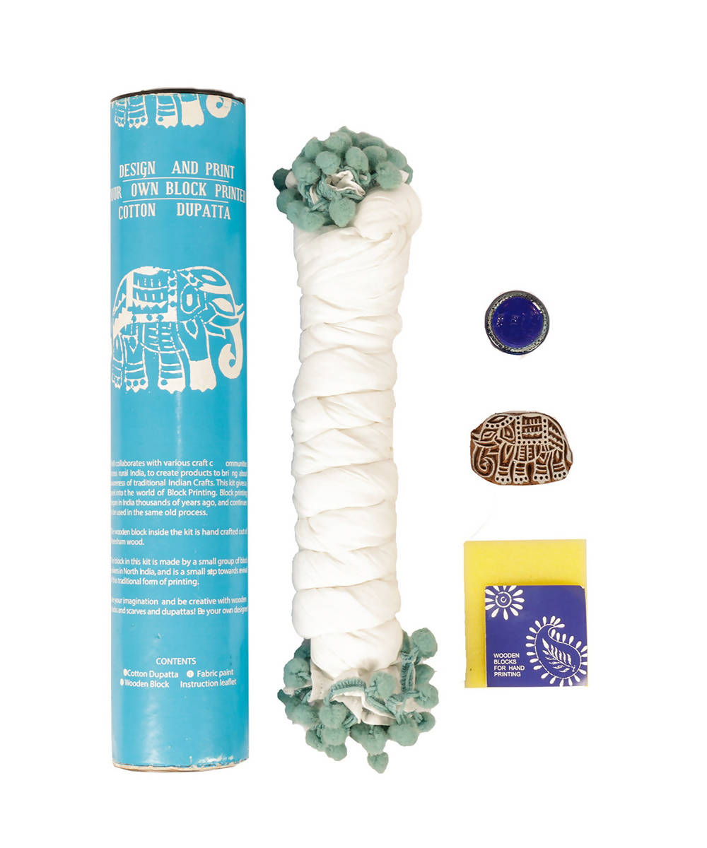 Handmade Wooden Elephant Block Print DIY Craft Kit Dupatta (Blue)