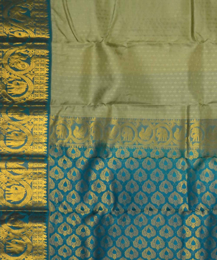 Grey Green Blue Handloom Embossed Work Dharmavaram Silk Saree