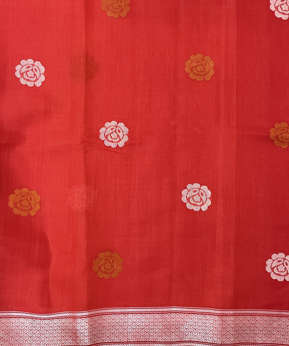 Red handwoven floral motif tussar silk saree
