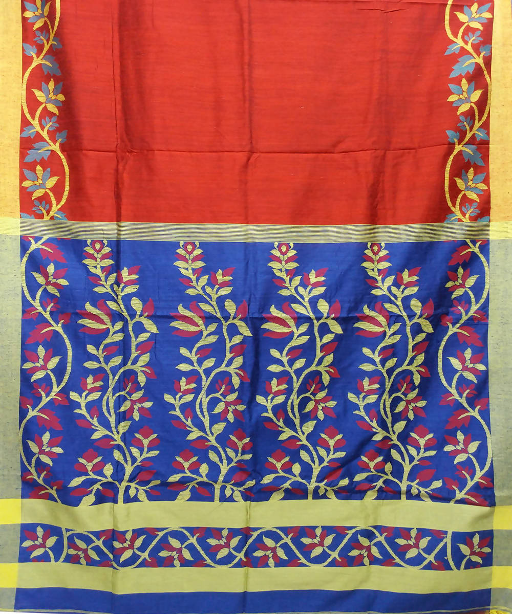 Red and Blue Handloom Matka Silk Bengal Saree
