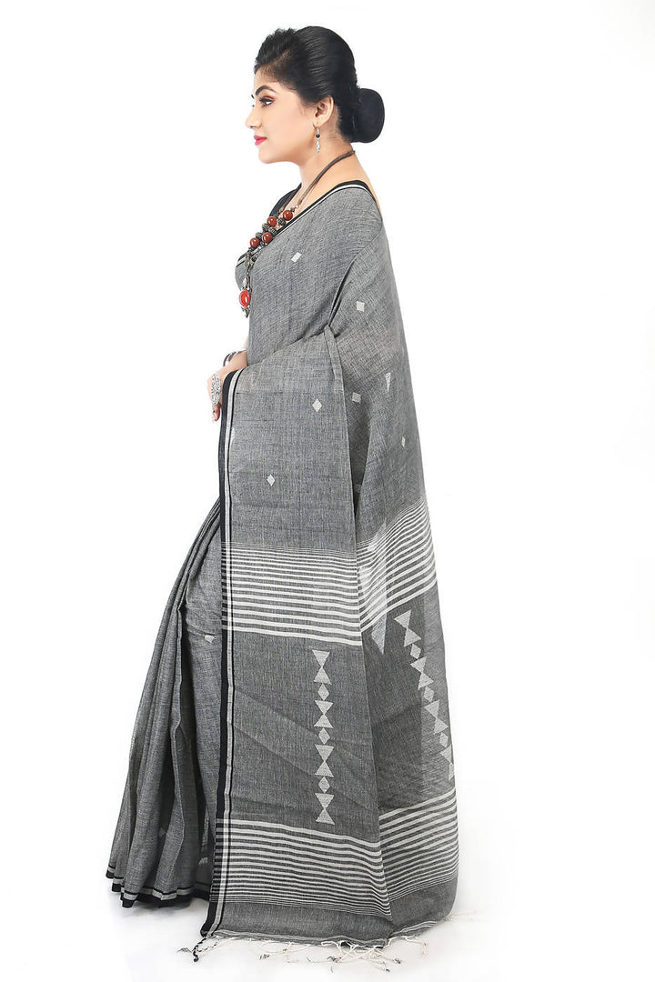 Handloom bengal black grey cotton saree