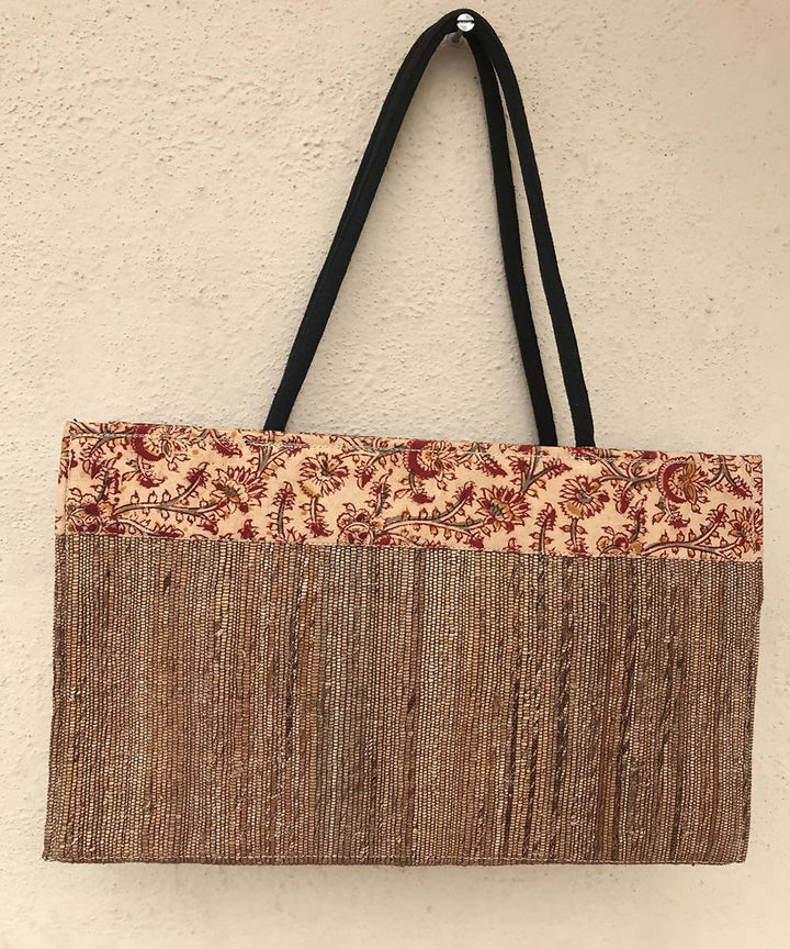Brown and kalamkari panel handmade banana fibre tote bag