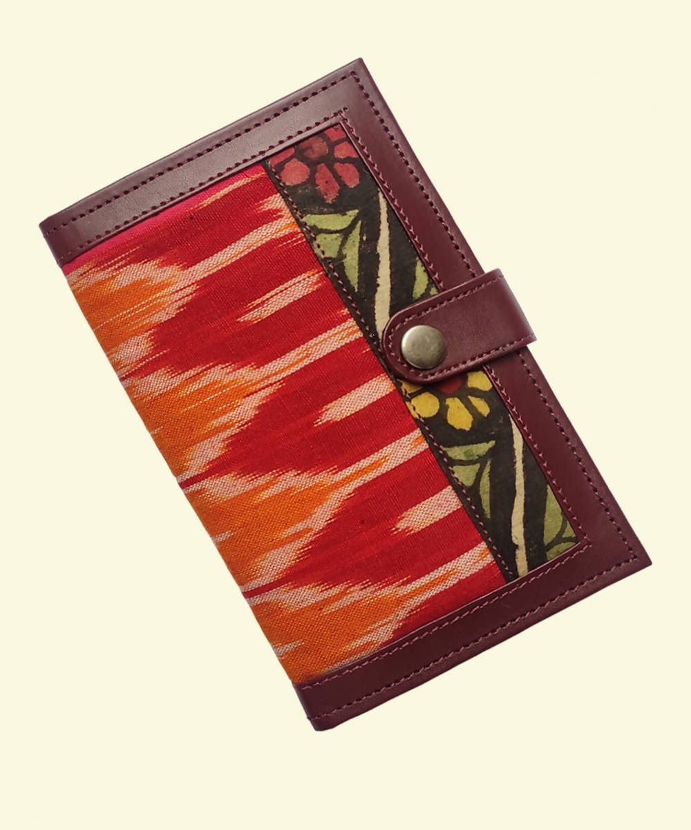Orange and red Art leather with ikkat cotton Kalamkari Wallet