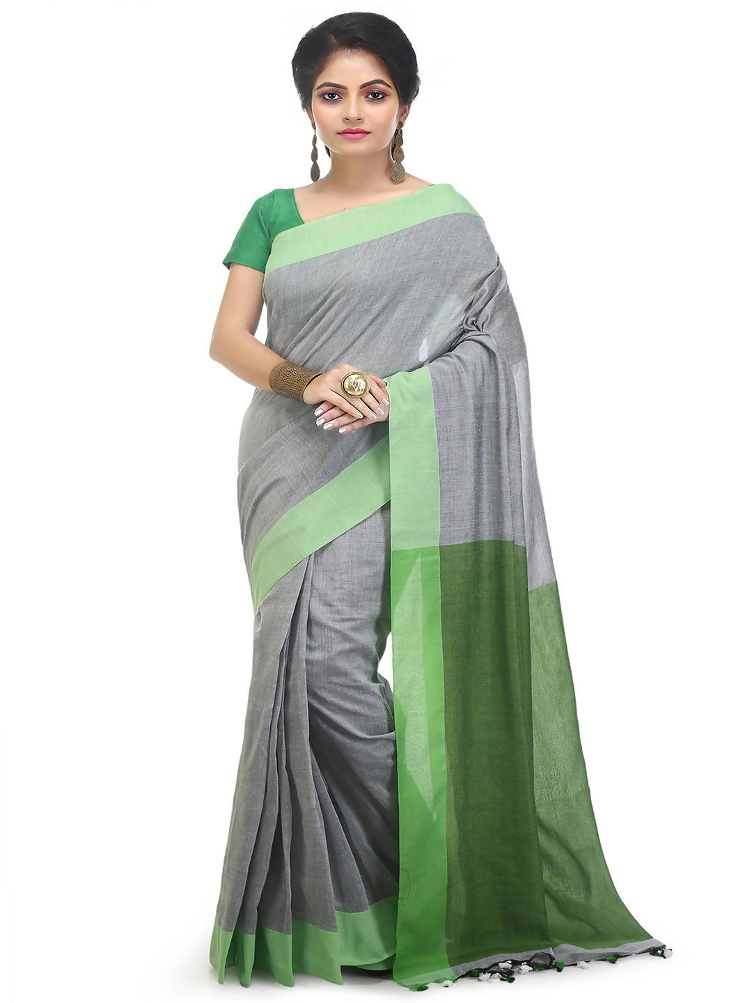 Grey green bengal handloom pure cotton saree