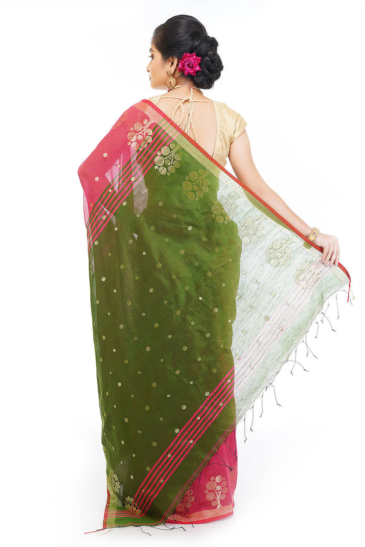 Pink green bengal handloom extrawefts work saree