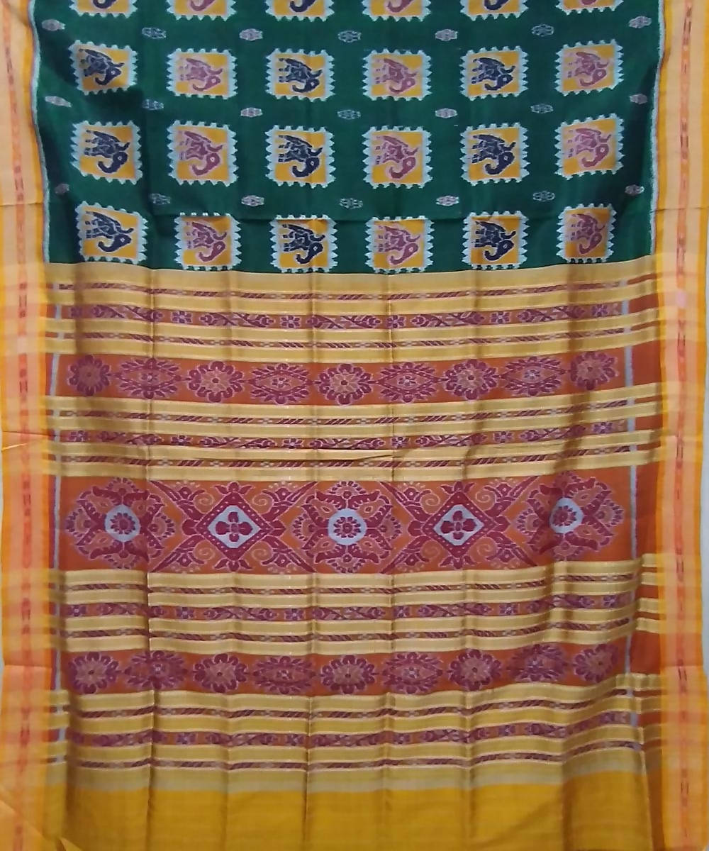 Teal green yellow silk handloom khandua saree