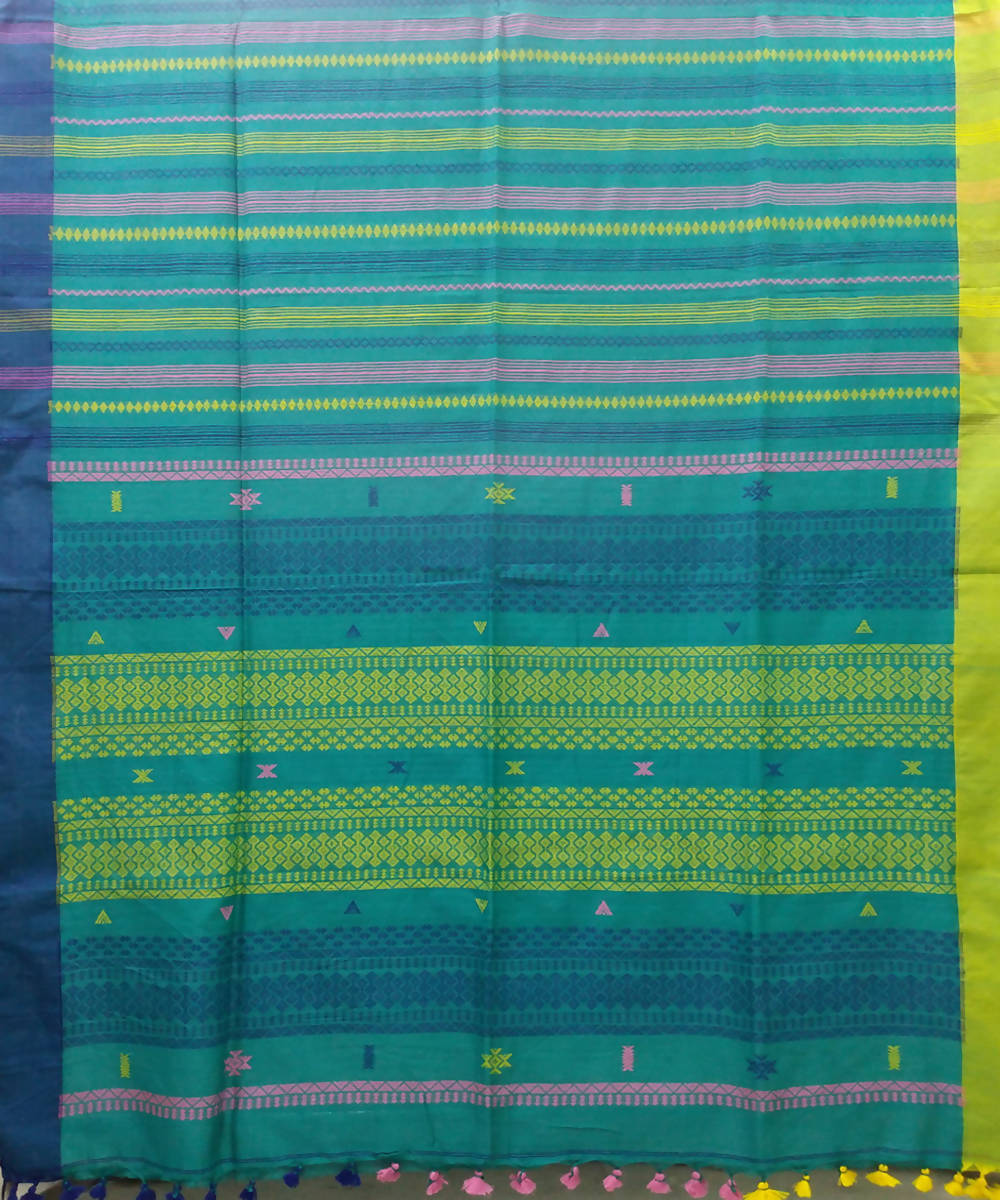 Bengal Firozi Blue Striped Handloom Cotton Saree