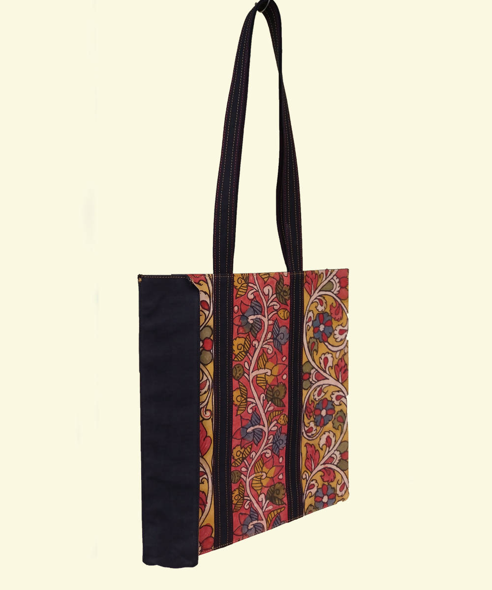 Multicoloured Kalamkari with Black handle Cotton Kalamkari Tote Bag