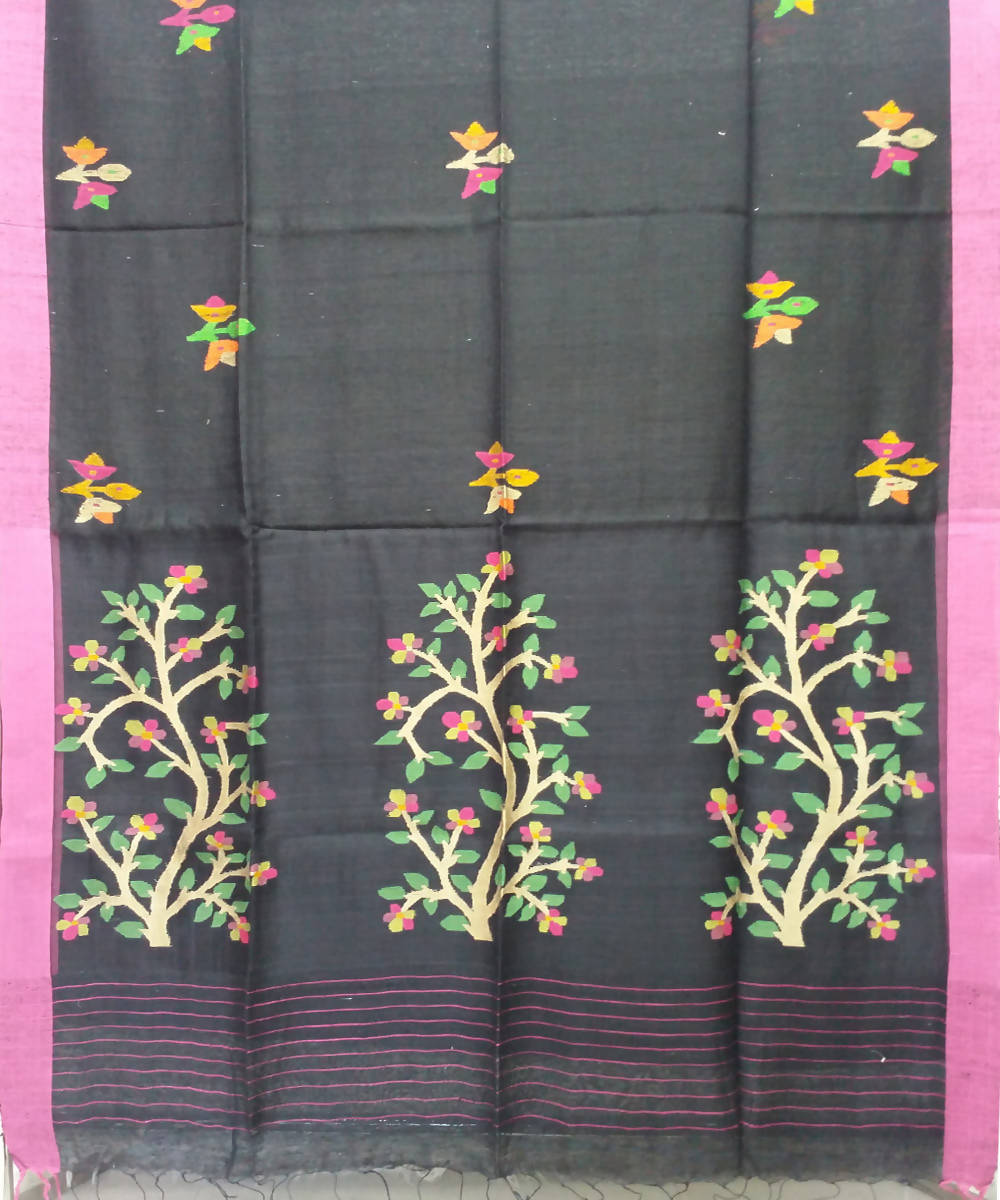 Black Handwoven Matka Silk Jamdani Bengal Saree