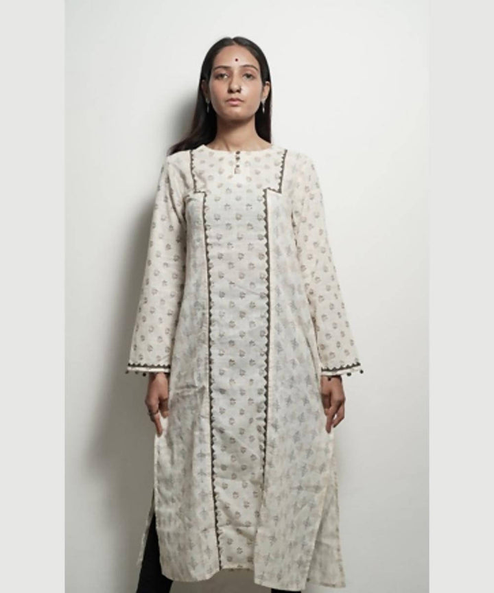 White with full length sleeves gold block print long cotton kurta