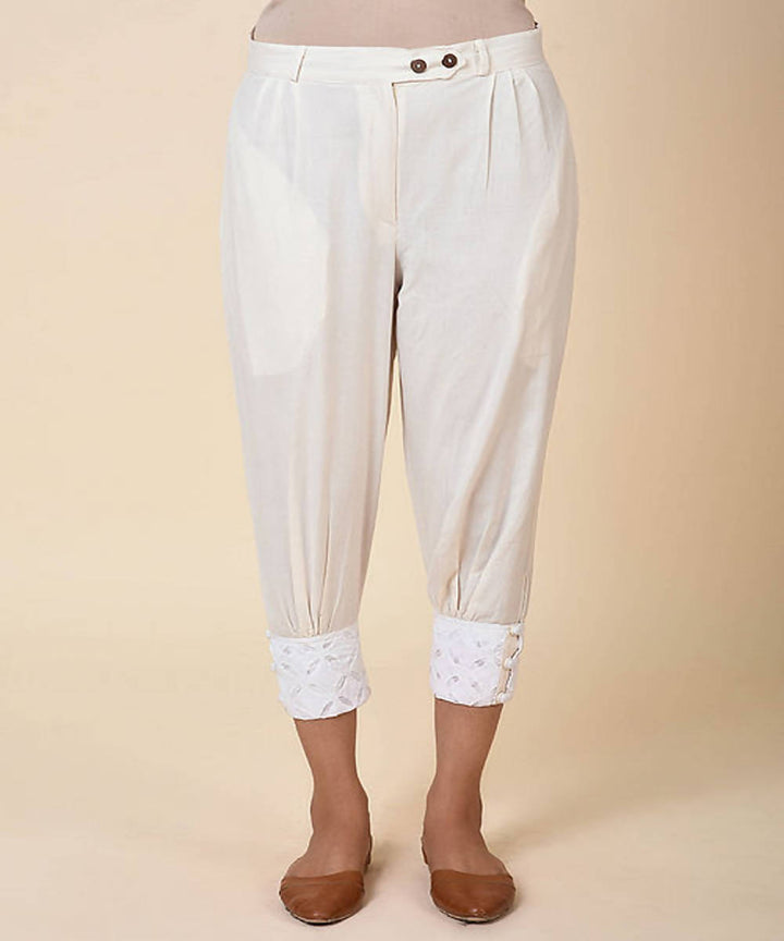 Natural white handcrafted kora cotton womens cuff pants with cutwork embroidery