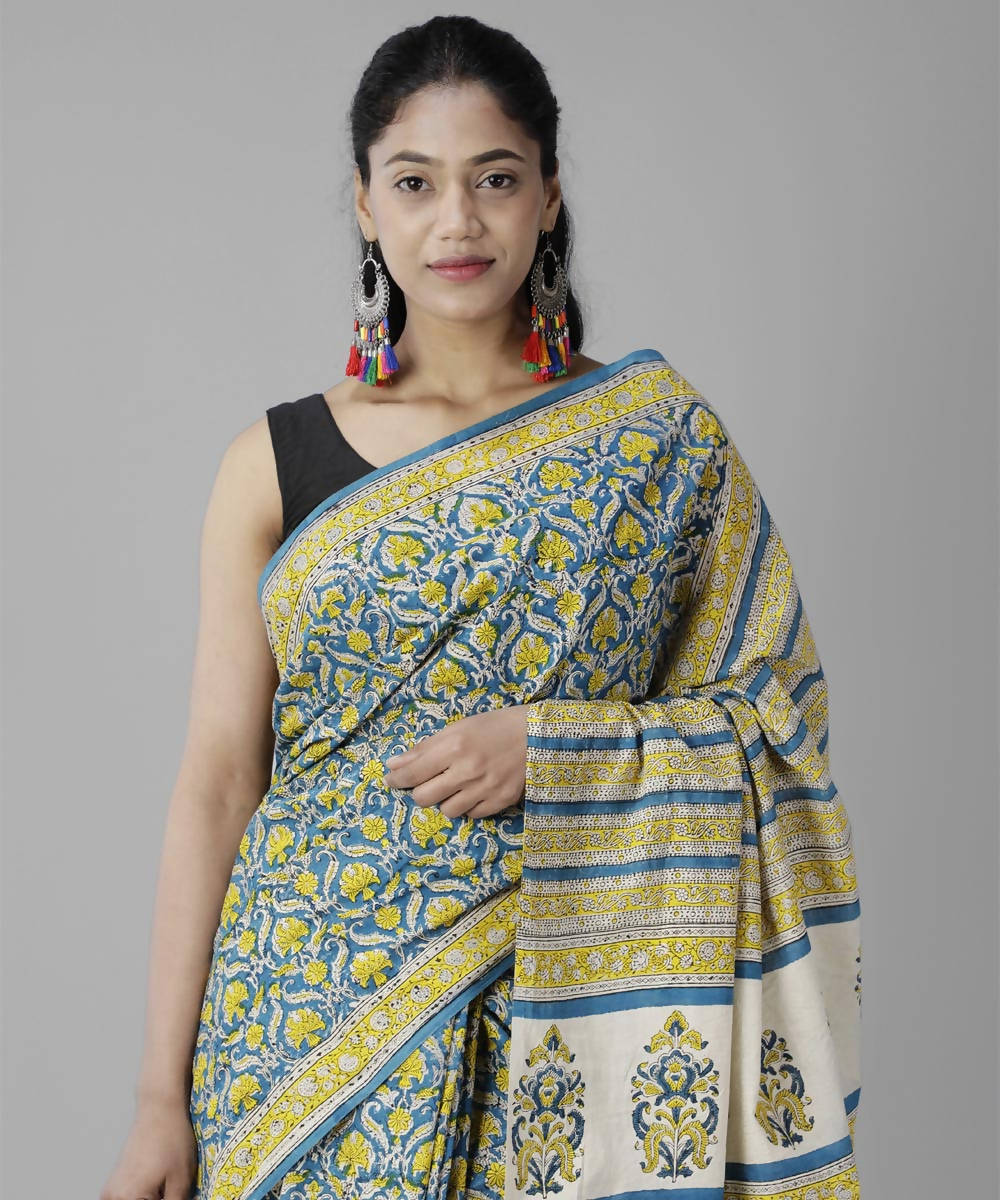 Blue yellow bagru handblock printed cotton saree
