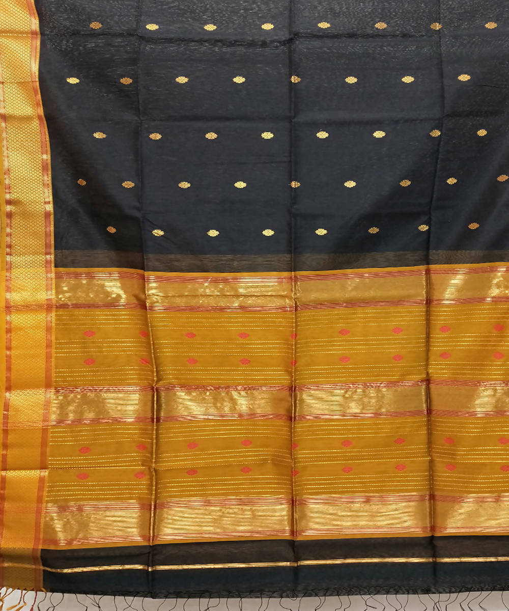 Black golden handwoven cotton silk maheshwari saree