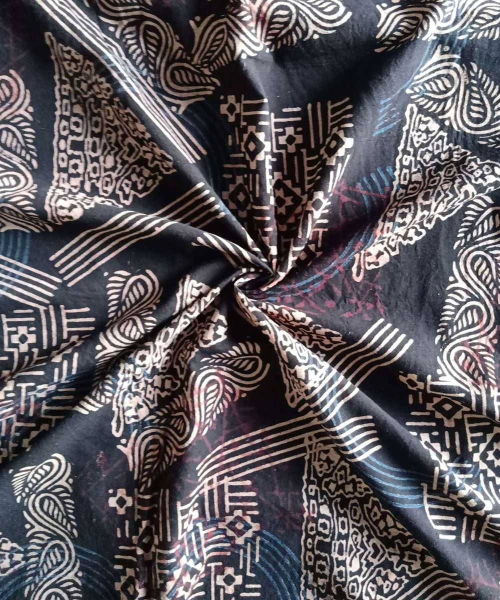 Black brown natural dye ajrakh block print handwoven cotton fabric (2.5m per qty)