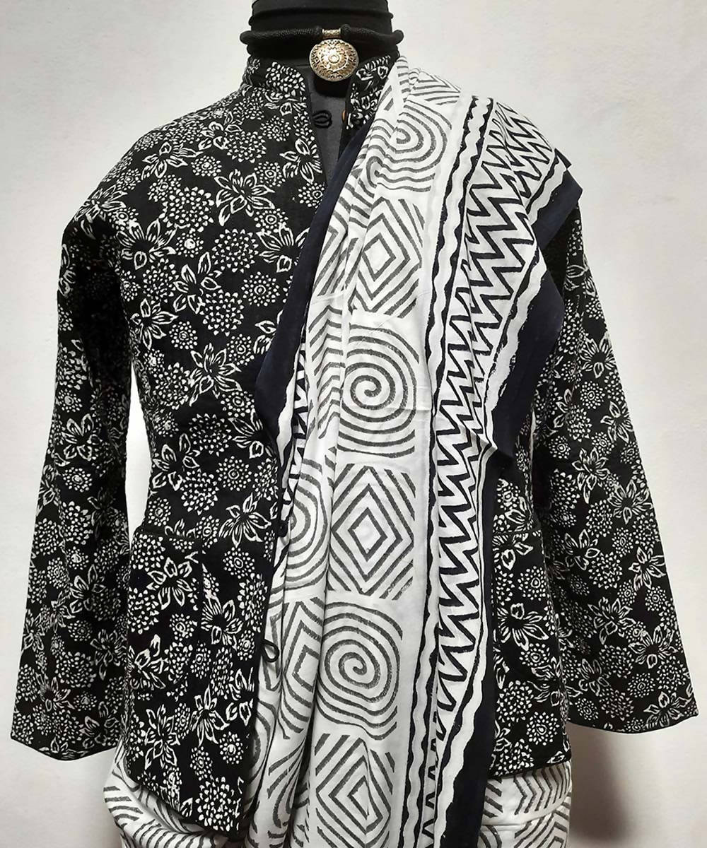 Grey and black block print reversible jacket with cotton quilting