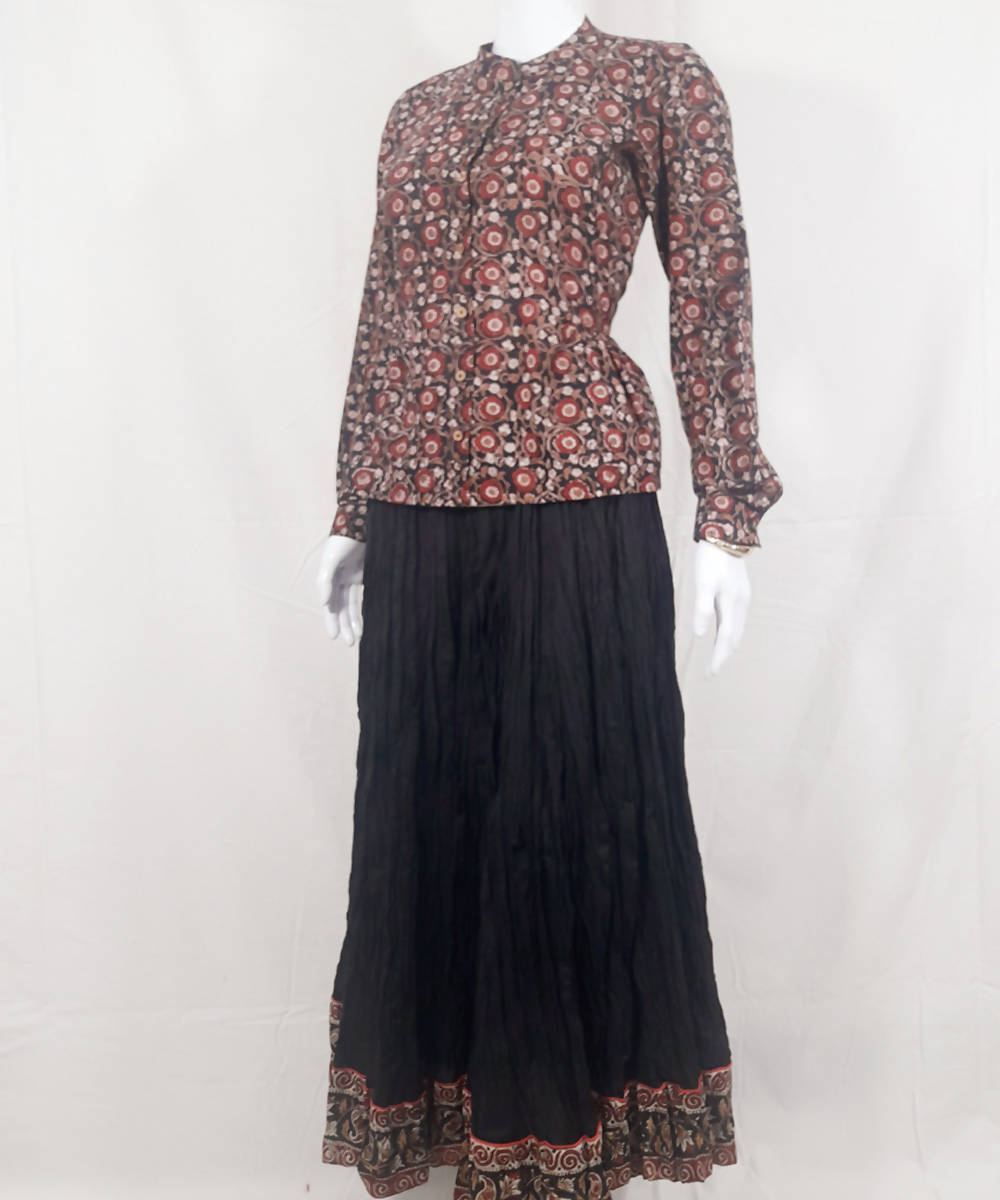 Black cotton handblock print skirt with multicolor top