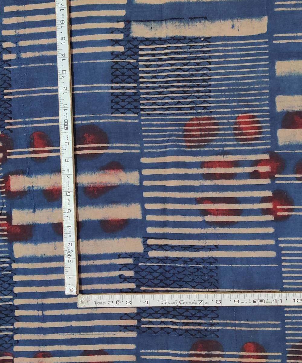 Blue and red natural dye ajrakh print organic handspun cotton fabric