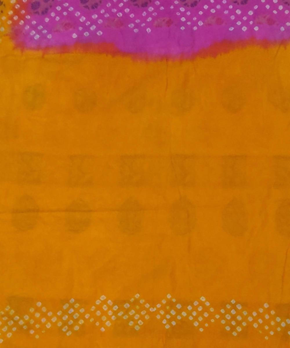 Pink Yellow Handprinted tie dye Bandhani Silk Saree