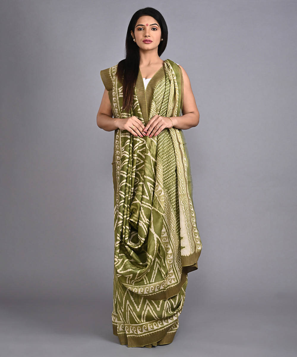 Green cotton silk hand block printed saree with matching blouse