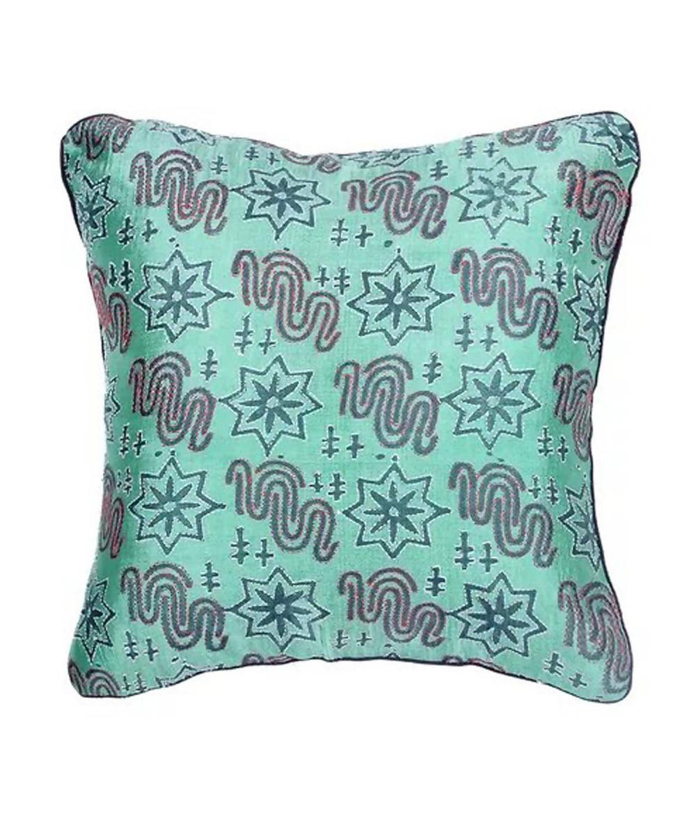 Cyan green kantha stitch hand embroidery tussar silk cushion cover