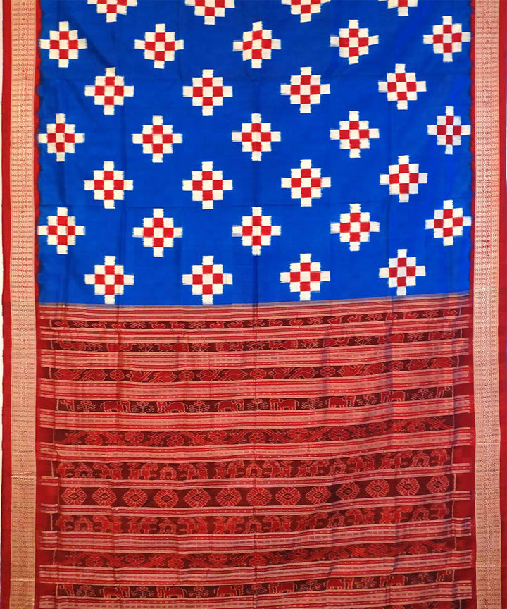Blue and maroon handwoven ikat silk bomkai saree