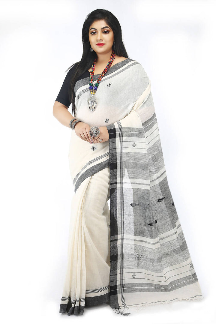 Handloom bengal white black cotton jamdani saree